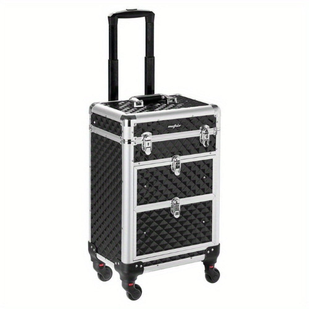 Black Rolling Makeup Train Case with Four Wheels, Telescoping Handle, Three Top Trays and Two Drawers