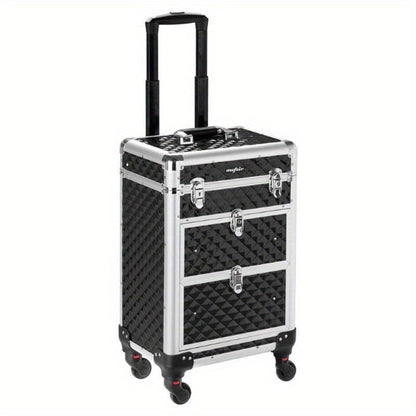 Black Rolling Makeup Train Case with Four Wheels, Telescoping Handle, Three Top Trays and Two Drawers