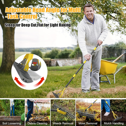 15-Inch Garden Thatch Rake with Curved Metal Teeth and 55- or 70-Inch Sectional Handle Options
