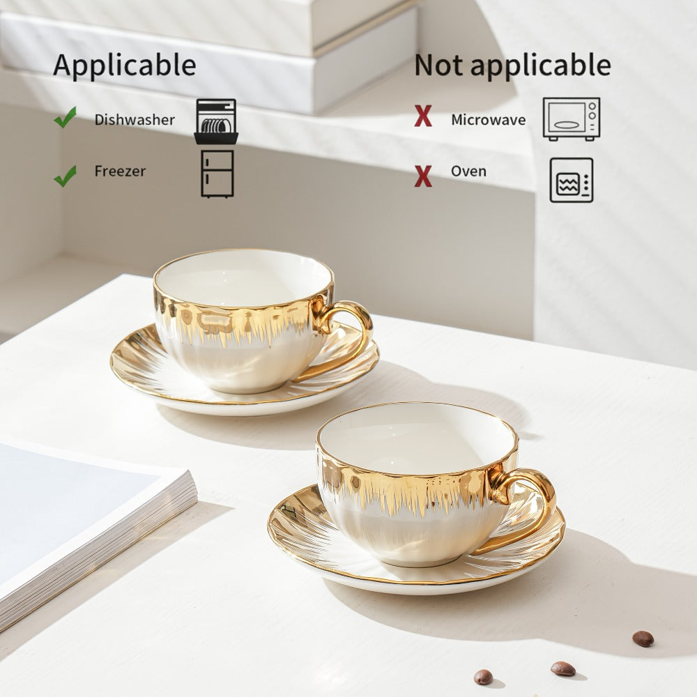 European-Style Coffee Cup and Saucer Set, Six 250 ml White and Gold-Trim Place Settings for Tea and Espresso