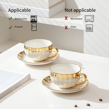 European-Style Coffee Cup and Saucer Set, Six 250 ml White and Gold-Trim Place Settings for Tea and Espresso