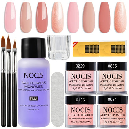 Acrylic Nail Kit NOCIS Four 10g Pink and Warm Neutral Powders with Liquid Monomer, Three Brushes and File
