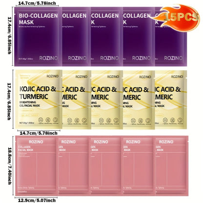 Face Mask, ROZINO 15-Piece Collagen Sheet Assortment with Bio-Collagen and Kojic Acid Turmeric Packets