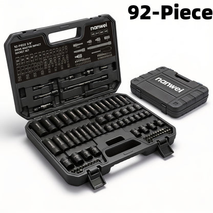 Impact Socket Set 3/8" Drive CR-V - 15/92 Piece Metric & SAE 6-Point with Ratchet Handle Adapter Storage Box for Auto Repair Mechanic DIY