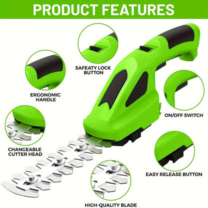Cordless Hedge Trimmer 2-in-1 | USB-C Rechargeable Electric Grass Shear with Interchangeable Blades | Lightweight Lawn Edger for Shrubs Bushes Balcony Garden