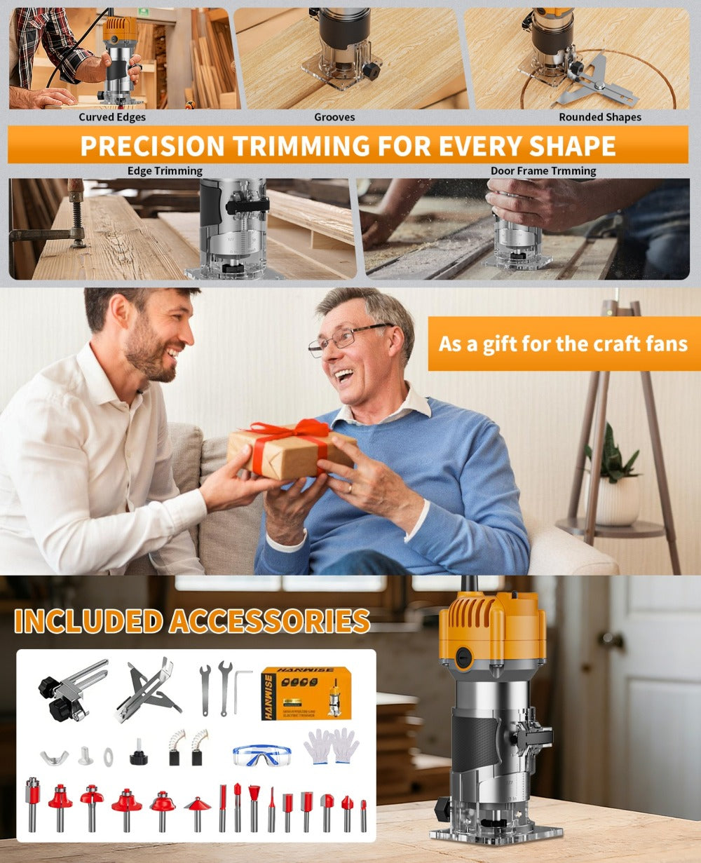 Wood Router Edge Trimmer 800W 6.1Amp Compact Hand Router Tool 35000RPM with Variable Speed, 1/4" Collet, Router Bit Set for Woodworking Slotting Carving Edge Treatment DIY Projects