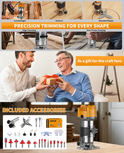 Wood Router Edge Trimmer 800W 6.1Amp Compact Hand Router Tool 35000RPM with Variable Speed, 1/4" Collet, Router Bit Set for Woodworking Slotting Carving Edge Treatment DIY Projects