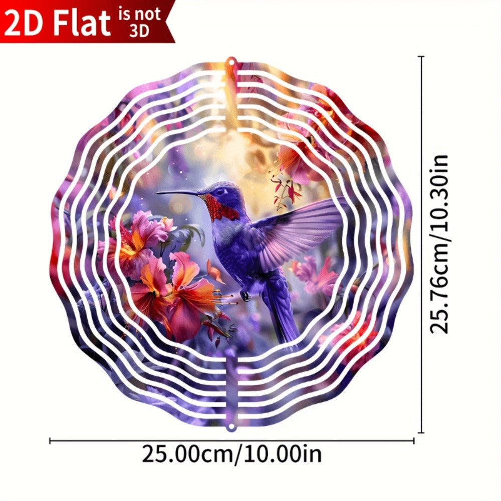 Ten-Inch Hummingbird Garden Wind Spinner with Flat Kinetic Metal Design and Multicolor Floral Artwork