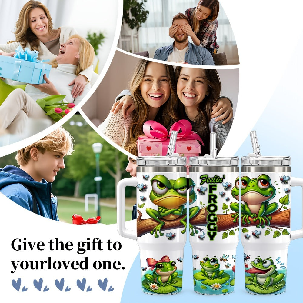 Frog Print Water Bottle Tumbler with Handle, Clear Foldable Straw and 16oz or 40oz Capacity Options