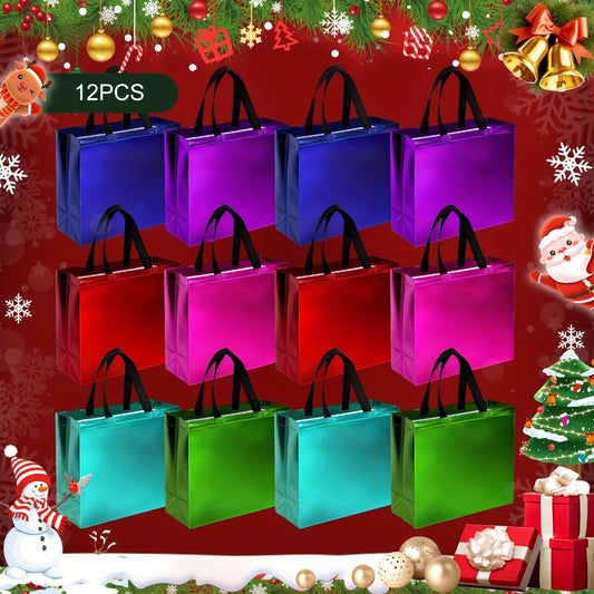 Gift Bags 12 Pack Mixed Colors Glossy Shiny Reusable Gift Bags with Handles for Birthday Party Favor Goodie Bags Wedding Baby Shower 8x10x4 Inch