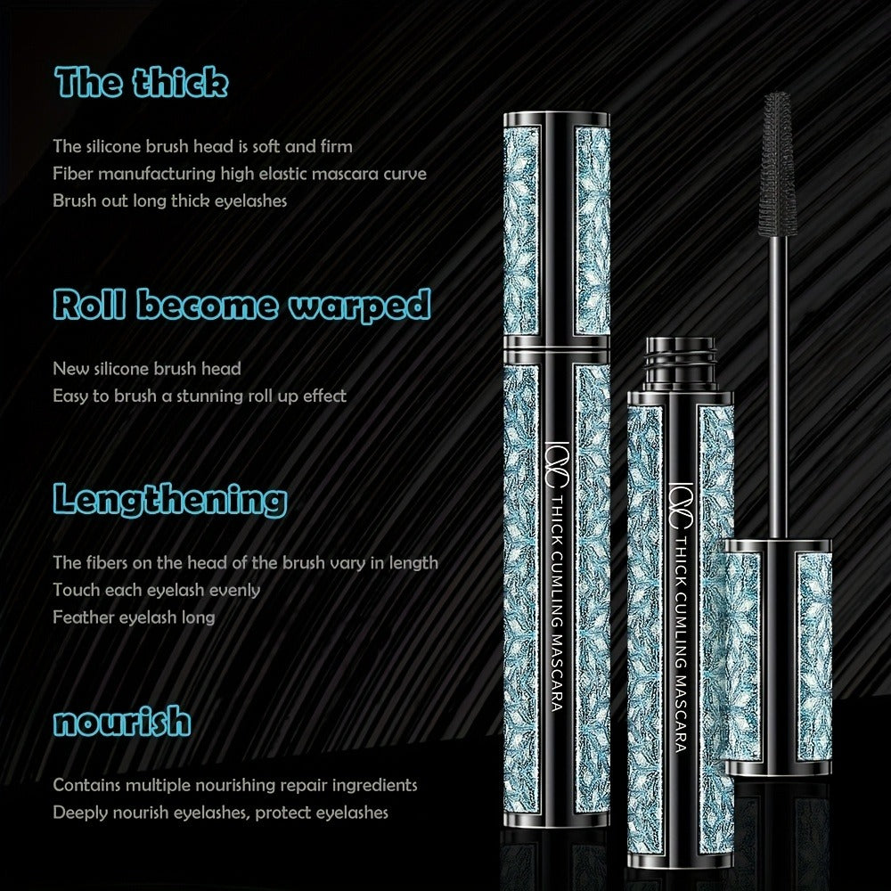 Black Mascara Three-Piece Set in Tall Silver Crystal-Pattern Tubes with Straight Black Bristle Wands