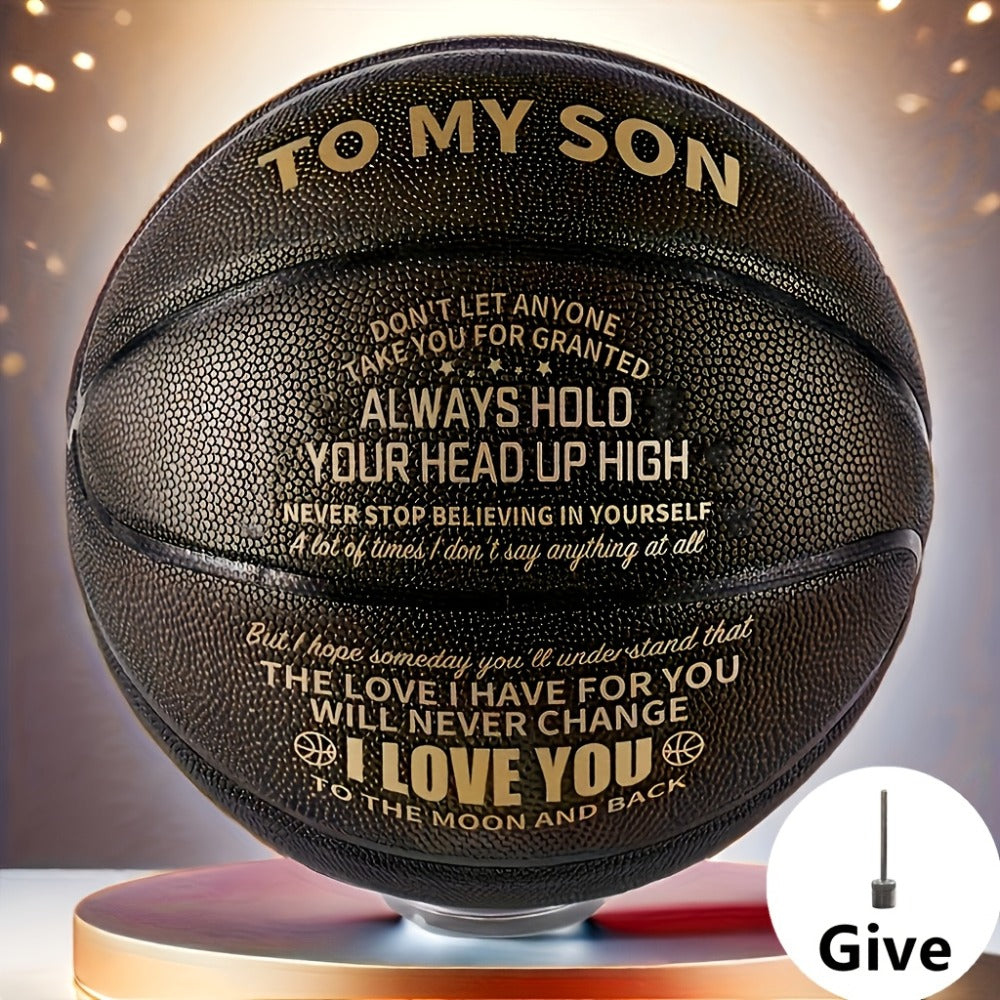 Message Basketball Gift for Son or Grandson with Eight Printed Design Options and Inflation Pump
