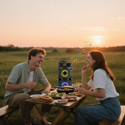 Triple 8-Inch Subwoofer PA Party Speaker with Wireless Stereo Pairing, LED Color Lights, FM Radio, USB & TF Playback, Wired Mic, Home Theater Sound System for Parties, Outdoors & Events