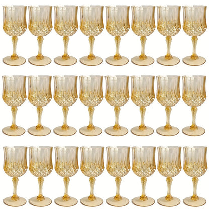 Twenty-Four-Pack Vintage-Style Plastic Stemmed Cups in Five Transparent Color Options for Party Tables