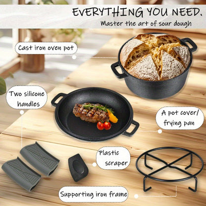 6-Piece Cast Iron Dutch Oven Set with 6.1QT Pot, 1.9QT Skillet Lid, Handle Covers, Support Frame and Scraper