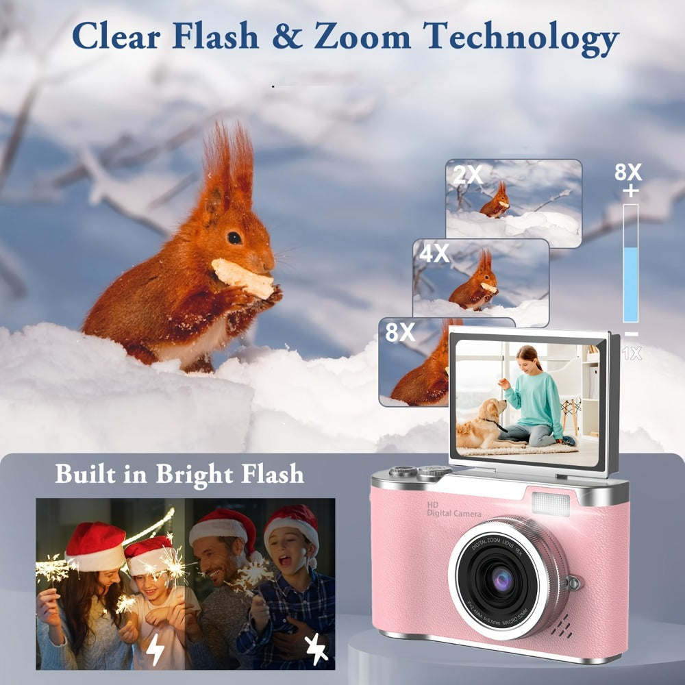 Digital Camera 1080P Model LK007 with 2.4-Inch Flip Screen, 32GB Card, Rechargeable Battery and Three Colors