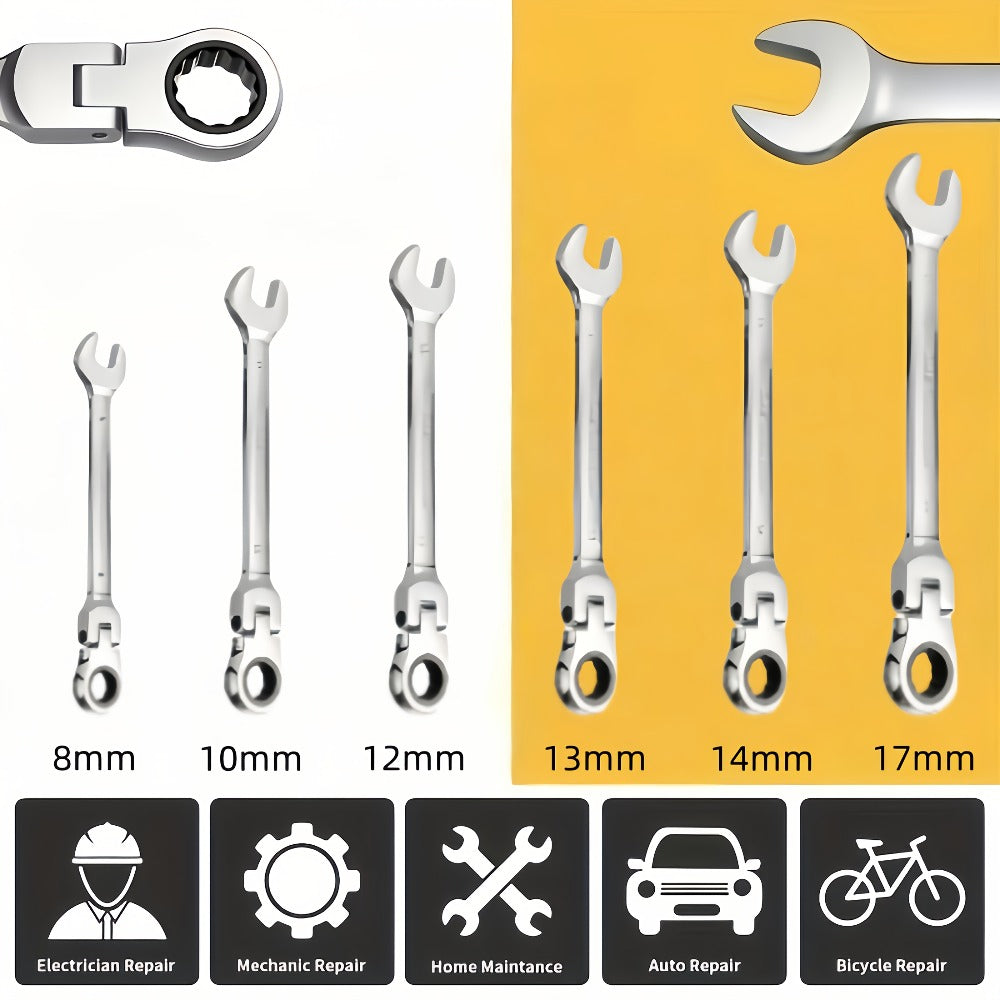 Six-Piece Double-Ended Ratchet Wrench Set with 8–17 mm Metric Sizes, 72-Tooth Heads and Storage Bag