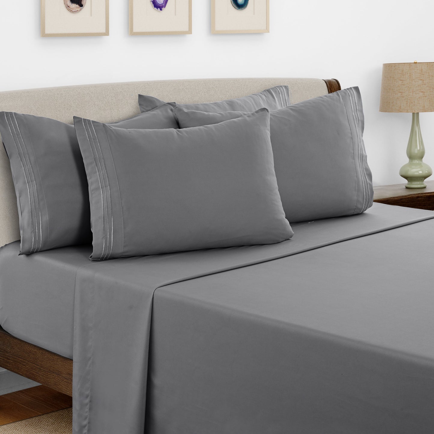 Bed Sheet Set Brushed Microfiber with Embroidered Pillowcases, 16-Inch Pocket and 4- or 6-Piece Sizing