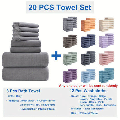 Twenty-Piece Bath Towel Set with Eight Large Towels and Twelve Washcloths in Ten Exact Color Options