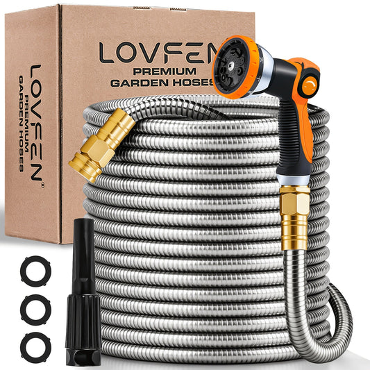 Stainless Steel Metal Garden Hose | Kink-Free, 10-Function Nozzle, Brass Fittings – 10FT to 150FT