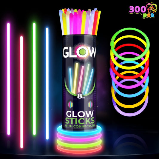 Glow Sticks Bulk 300 Pack 8 Inch Glow in the Dark Party Favors with Bracelet Connectors 7 Colors 6-Hour Glow for Halloween Christmas New Year Easter Birthday Pool Party Neon Party Supplies
