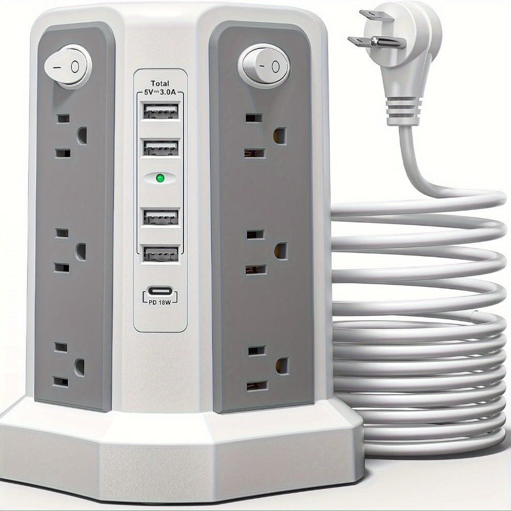 Surge Protector Power Strip Tower 17-in-1 with 12 AC Outlets, 4 USB-A, USB-C PD 18W and Four Group Switches