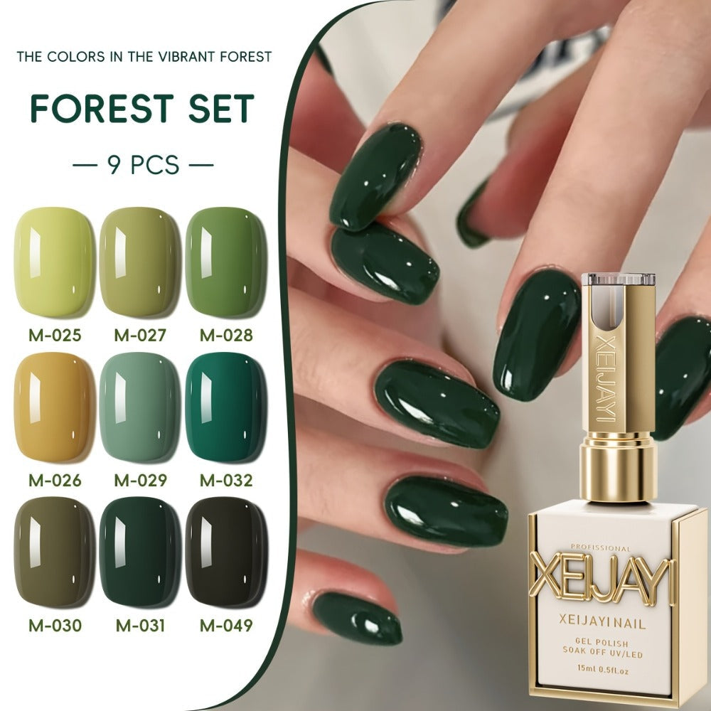 Gel Nail Polish Set with XEIJAYI Label, 9 Green Forest Colors in 0.51oz Photo Frame Bottles