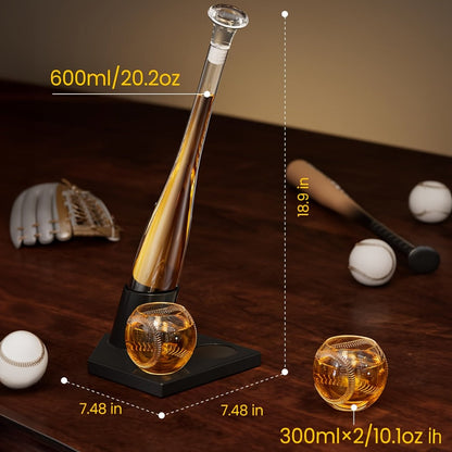 Baseball Bat Whiskey Decanter Set with 20.2 oz Bat-Shaped Bottle, Two 10.1 oz Baseball Glasses and Display Stand