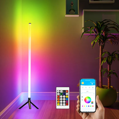 Three-Section Modular RGB Corner Floor Lamp with Triangular Metal Base, App, Remote, Music Sync and Timer Modes