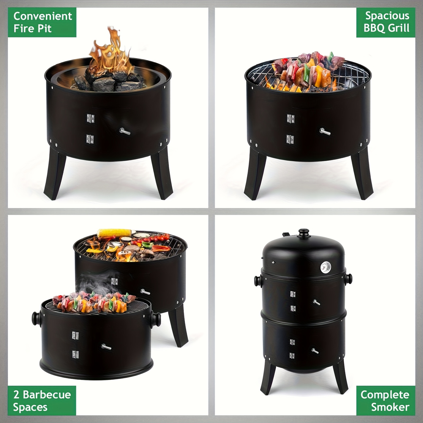3-in-1 Barrel Charcoal Grill and Smoker with Two Access Doors, Top Vent, Thermometer and Upgrade Option