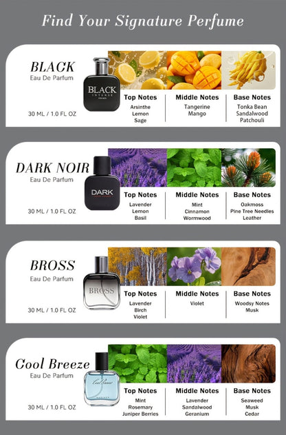 Perfume Gift Set for Men with Four 30ml Eau de Parfum Bottles, 1.5oz Body Mist and Black Box