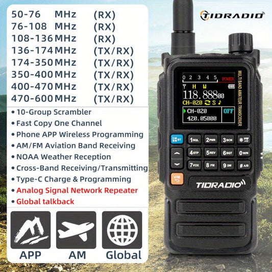 Tidradio H3 Plus Ham Radio Multi-Band Two-Way Radio, AM/FM Reception, Wireless Headset Compatible, Global Intercom via App, Long Range Walkie Talkie for Camping Emergency Outdoor Communication