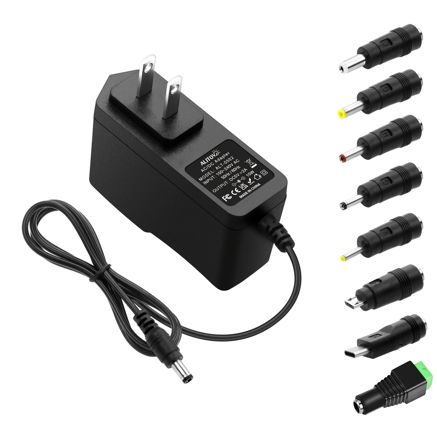 Fixed 5V 2A 10W AC/DC Power Adapter with Eight Tips, Type-C, Micro-USB and Barrel Connectors