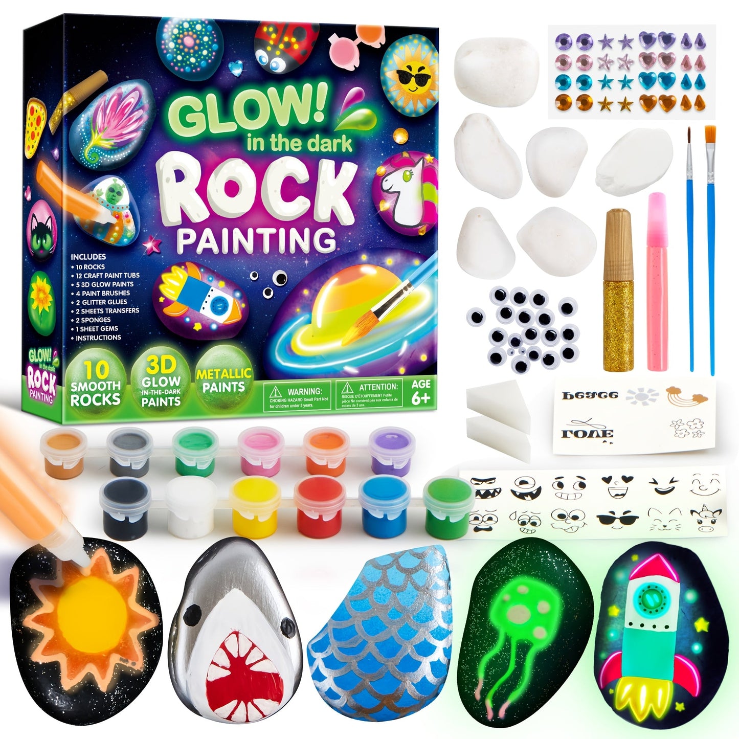 Rock Painting Kit for Kids Glow in the Dark – 10 Rocks Metallic & Glow Paints Gems Glitter Brushes Stickers All-in-One Craft Set for Boys Girls Ages 6+ Birthday Easter Christmas Gift