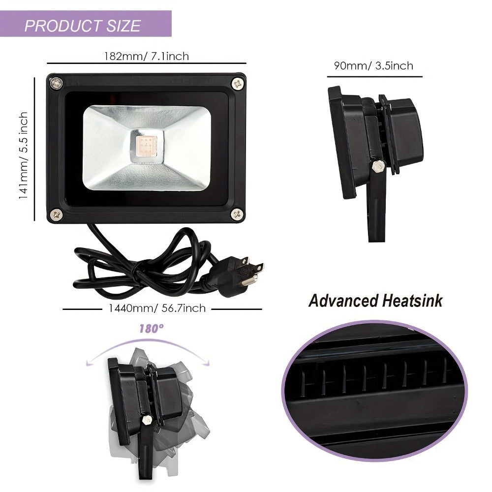 UV Black Light 10W LED Blacklight Flood Light IP44 Waterproof - 21 LEDs 385-400nm Covers 100 Sq Ft, 180° Adjustable Bracket, Plug-In for Glow Party Halloween Bedroom Neon Poster Body Paint Decoration