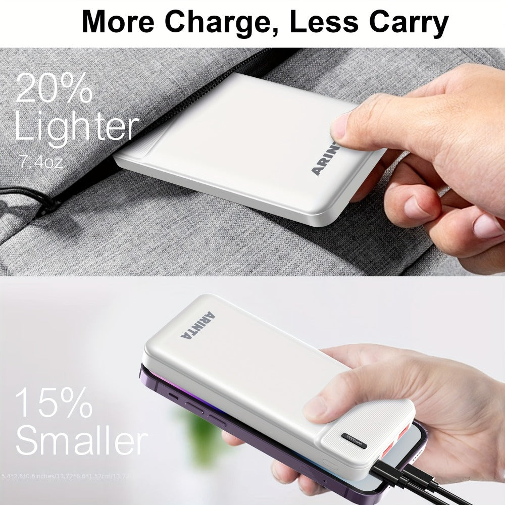 Power Bank 10000mAh Slim with 22.5W PD, 20W USB-C Input/Output and Dual USB-A Ports in Black or White
