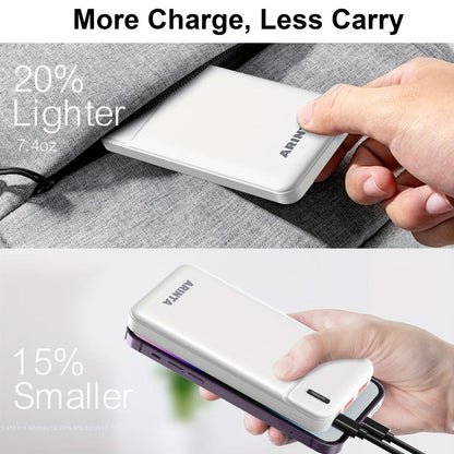 Power Bank 10000mAh Slim with 22.5W PD, 20W USB-C Input/Output and Dual USB-A Ports in Black or White