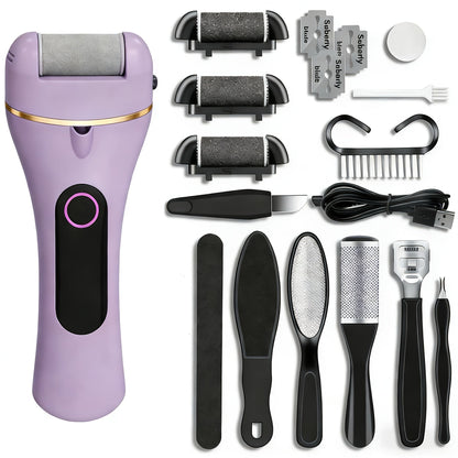 14-in-1 Rechargeable Electric Foot Care Kit with Three Roller Heads, Display and Black or Purple Finish