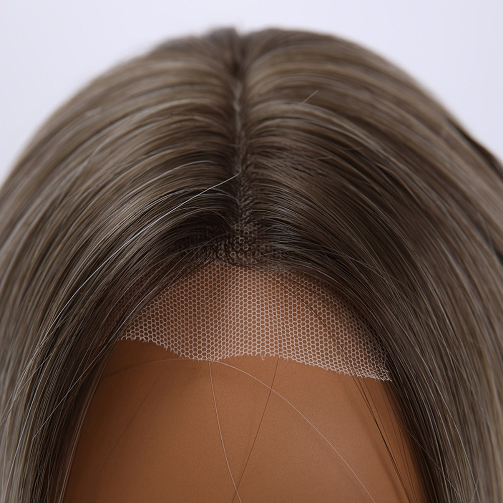 U Part Lace Front Bob Wig 4x1 Glueless Rose Net Cap Middle Part Natural Hairline Synthetic Wig for Women 14 Inch Brown Highlights Milky White Black Pink