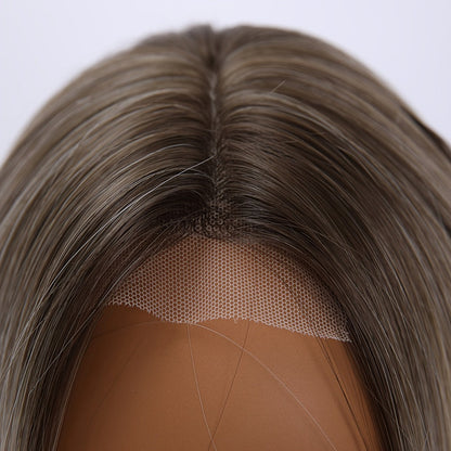 U Part Lace Front Bob Wig 4x1 Glueless Rose Net Cap Middle Part Natural Hairline Synthetic Wig for Women 14 Inch Brown Highlights Milky White Black Pink