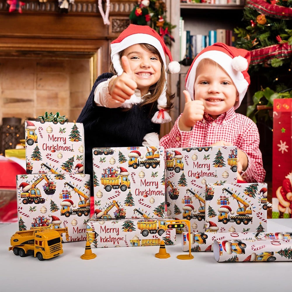 Construction Vehicle Christmas Wrapping Paper Roll with Dump Trucks, Excavators and Tractors