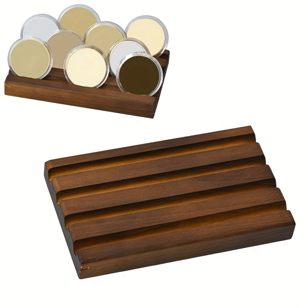 Four-Row Walnut-Color Wooden Coin Display Rack for Challenge Coins and Commemorative Tokens
