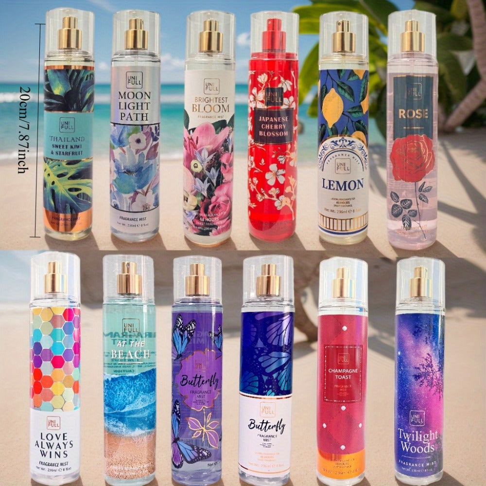 Body Mist Perfume Spray 8oz – 12 Scents Floral Hair & Body Fragrance for Women, Rose, Cherry Blossom, Beach, Long-Lasting Light Scent, Unisex Daily Wear Gift