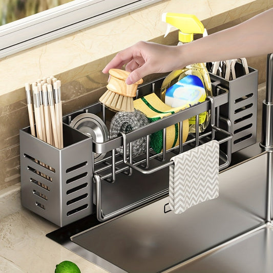 Kitchen Sink Organizer Sponge Holder with Self-Draining Tray Removable Rag Rod Carbon Steel Countertop Storage Rack for Sponges Brushes Soap Bathroom