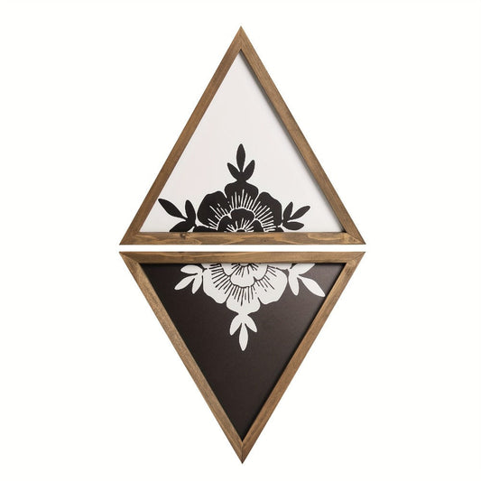 Boho Floral Wall Art Framed – Wooden Botanical Wall Decor with Black & White Geometric Triangles, Vintage Boho Style for Bedroom, Bathroom & Living Room Home Decoration