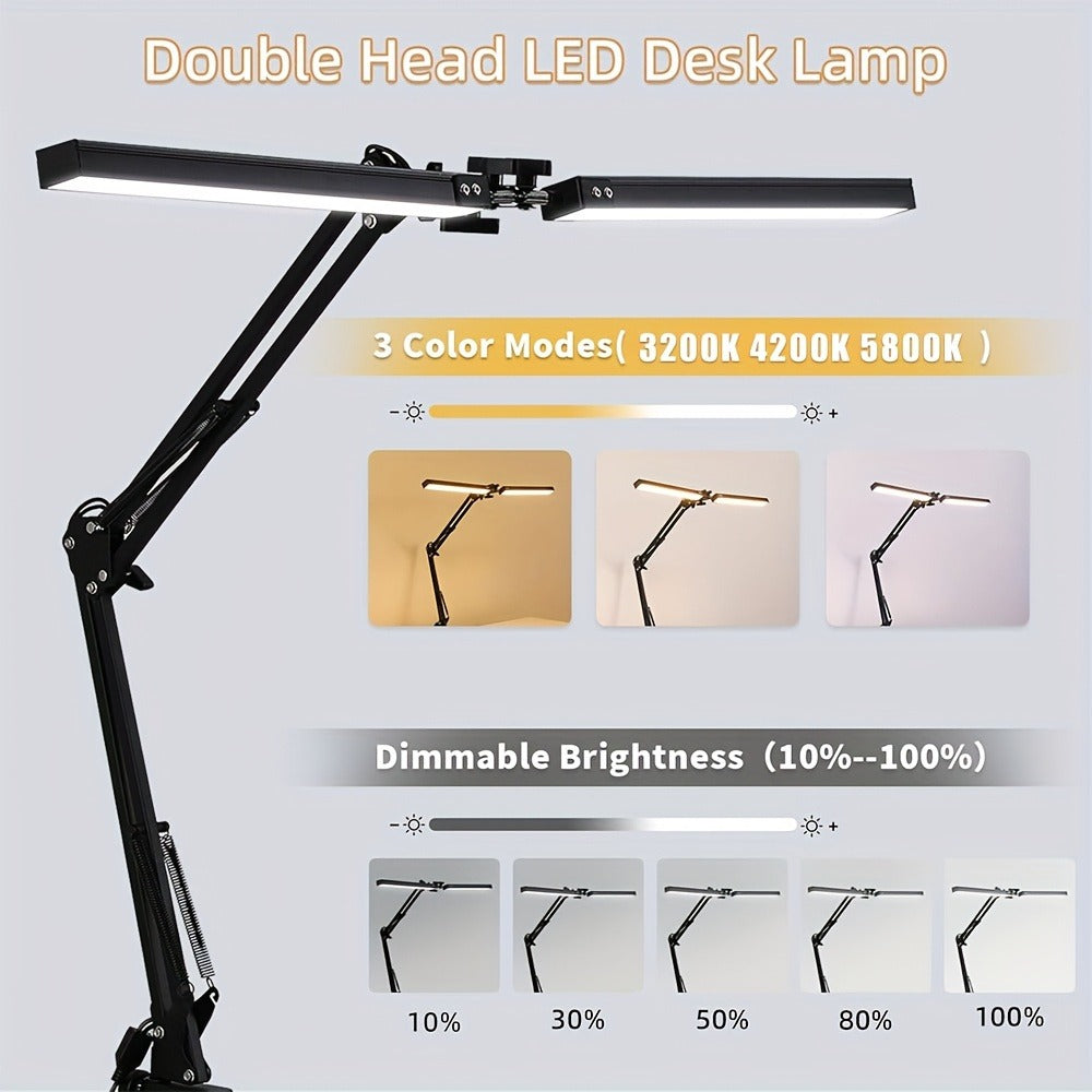 Dual-Head LED Desk Lamp with 28-Inch Light Bars, Clamp Base, USB Controller and Three Color Modes