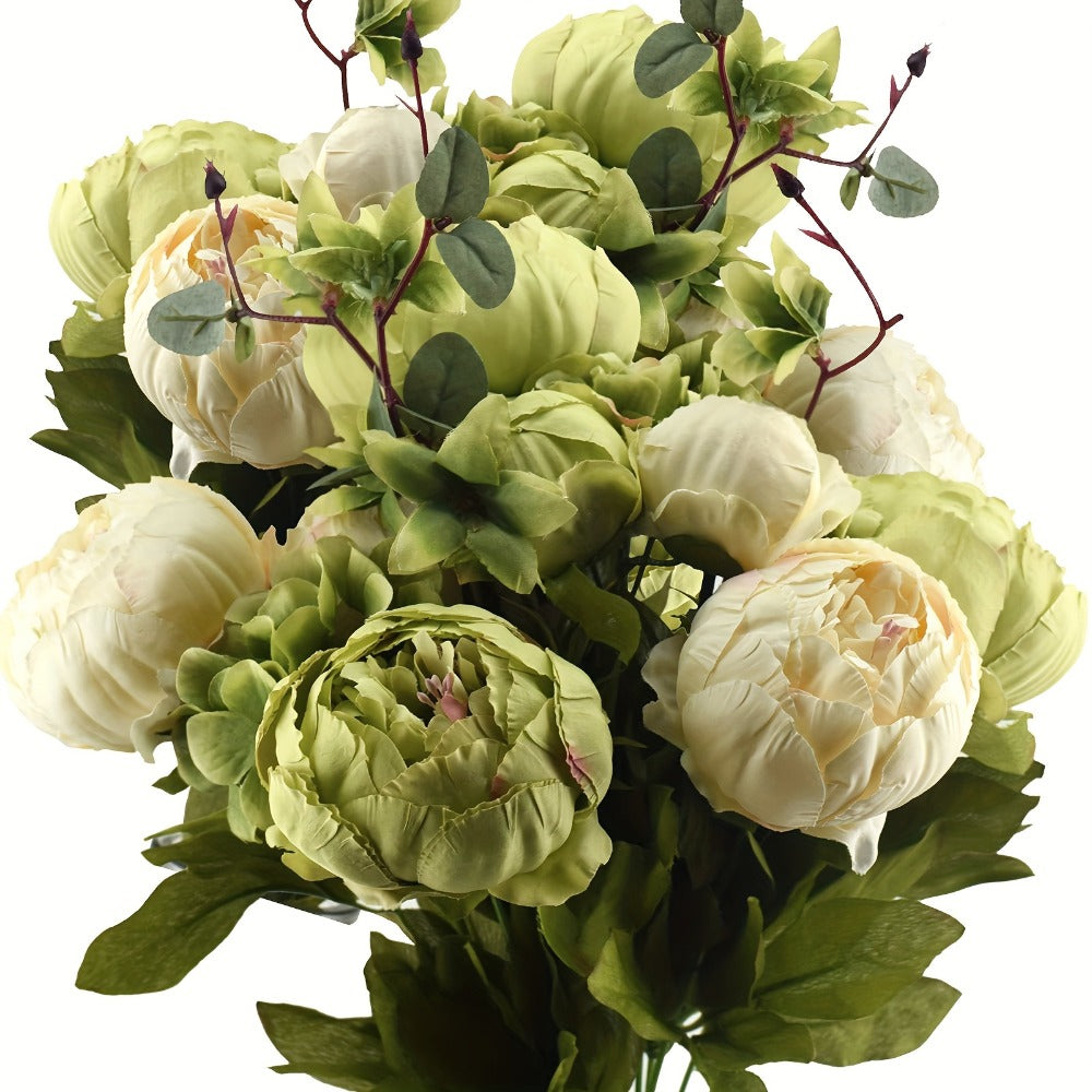 Artificial Flowers Vintage Peony and Hydrangea Bouquet in Beige and Green for Wedding and Home Decor