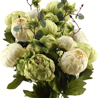 Artificial Flowers Vintage Peony and Hydrangea Bouquet in Beige and Green for Wedding and Home Decor