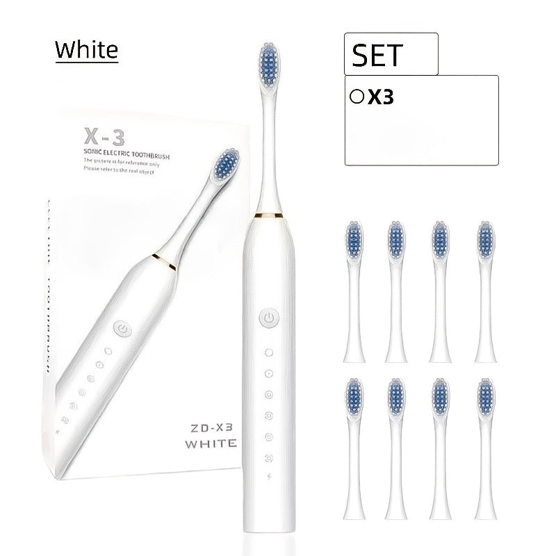 Electric Toothbrush Set with Eight Brush Heads, USB Charging, Soft Bristles and Pink, White or Black Handle