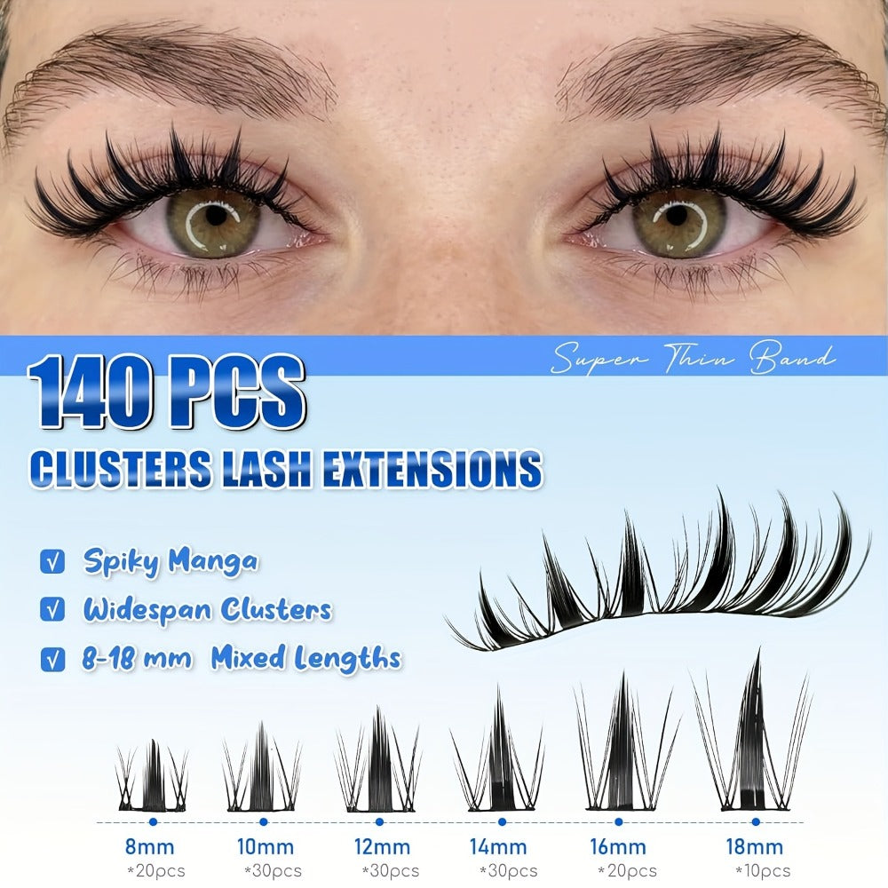C-Curl Spike Lash Extension Kit with 140 Clusters in Mixed 8-18mm Lengths, Adhesive Tube and Curved Applicator
